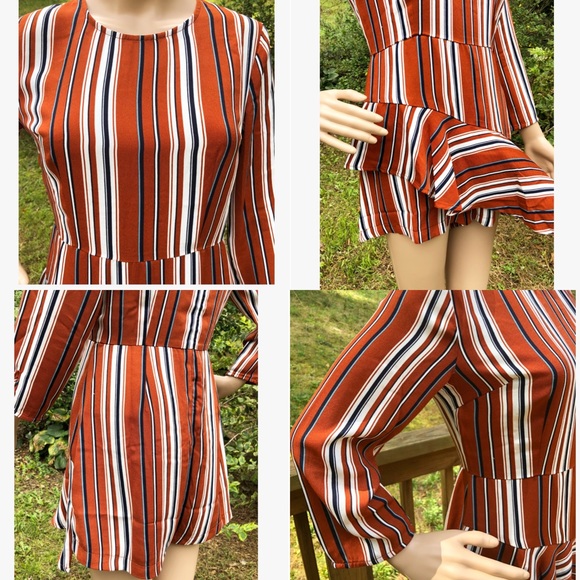 . Lush Fall For You Rust Orange/Red Striped Romper - Picture 7 of 10